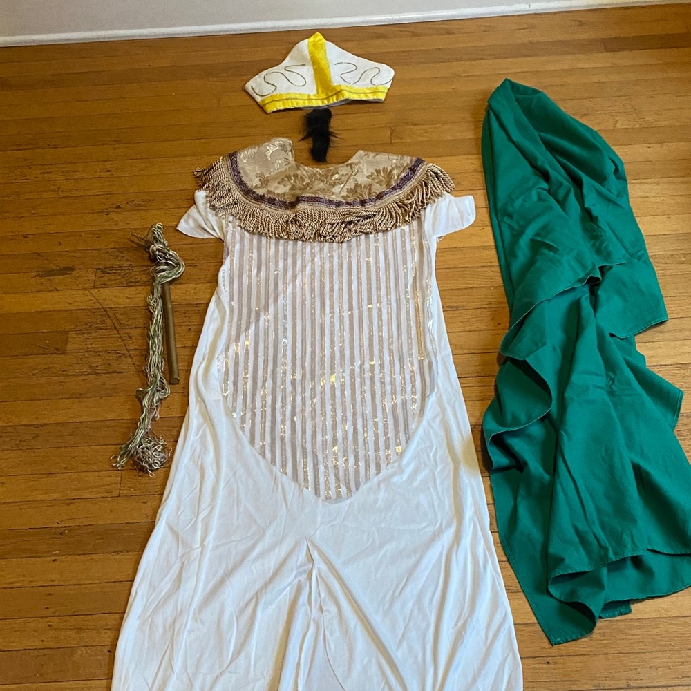 Youth L white and Gold Costume with Green cape, head piece, scepter black beard